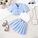 Novo verão pequeno e médio infantil camisola colete + saia curta plissada + terno de manga curta jaqueta conjunto menina da moda_voghion.com