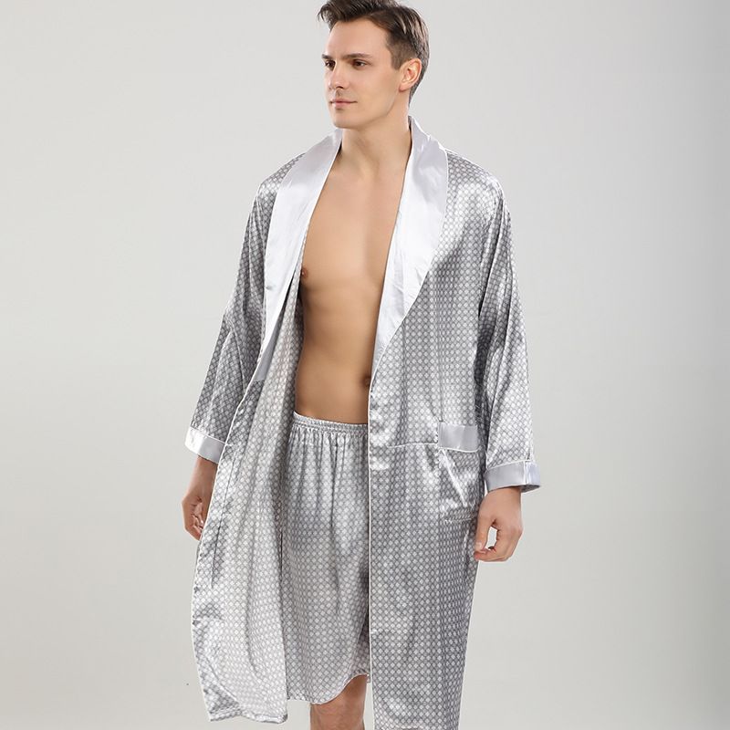Grau imitation seide Japanischen stil hause lange pyjamas männer seide nachthemd_voghion.com