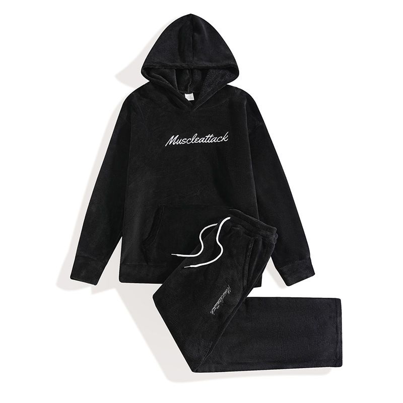 Men's Plush Fleece Lounge Set – Soft Embroidered Letter Hoodie & Jogger Pants (Black/Violet/Khaki/Greyish, S-XXL)_voghion.com