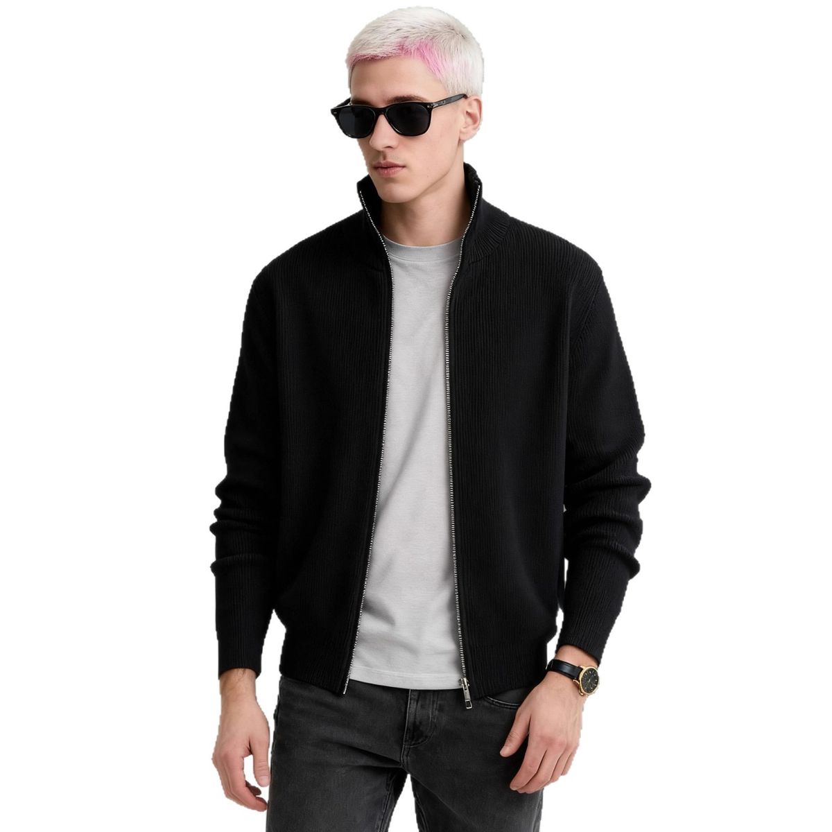 Suéter de punto retro para hombre: jersey informal extragrande de mezcla de lana color camello (negro, tallas S-XXXL)_voghion.com