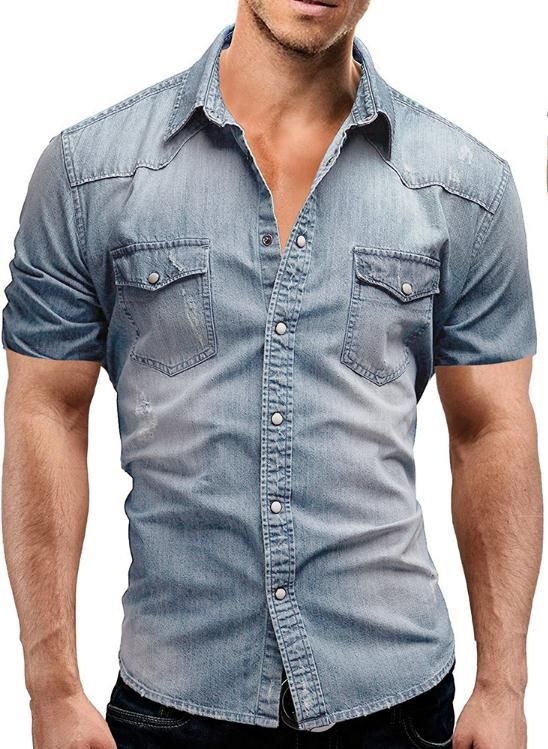 Men's Casual Denim Short Sleeve Shirt - Summer V-Neck Relaxed Fit, Light/Dark Blue & Gray, Sizes M-3XL_voghion.com