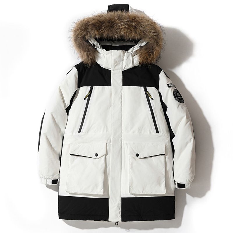 Parka da uomo in stile coreano, imbottito in piumino d'oca bianco, lungo cappotto con cappuccio e collo in pelliccia, giacca invernale unisex_voghion.com
