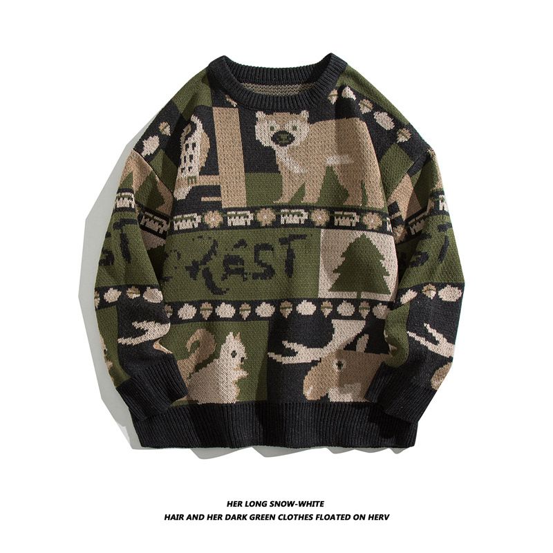 Pull col rond à motif dessin animé pour homme, tendance, ample, style rétro, décontracté, tricoté, collection automne et hiver_voghion.com