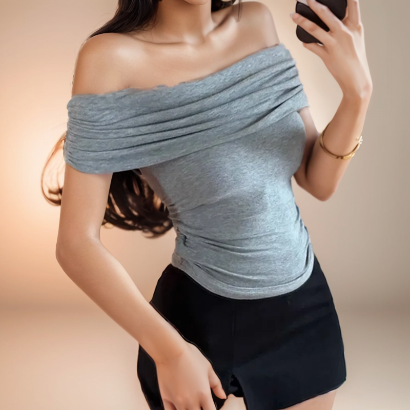 Sort Off Shoulder Elegante korte toppe Side plisseret Mode Slank Sexet Cropped T-shirt Kvinder Sommer Y2k Tøj Skinny Top_voghion.com
