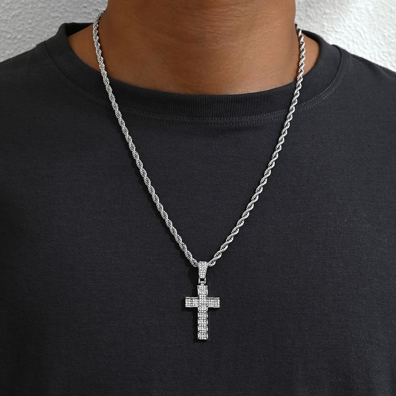 Hip Hop Full Dia Cross Pendant Couple Necklace Fashion OL Trendy Men's Cuban Chain Neckchain_voghion.com