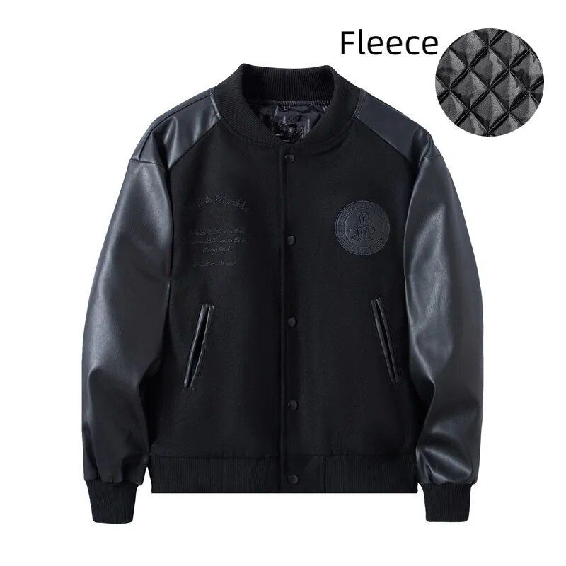 Frühling Herbst Baseball Jacke Männer Mode PU Leder Jacke Wolle Patchwork Abzeichen Stickerei Stehkragen Varsity Jacke Mantel Männer_voghion.com