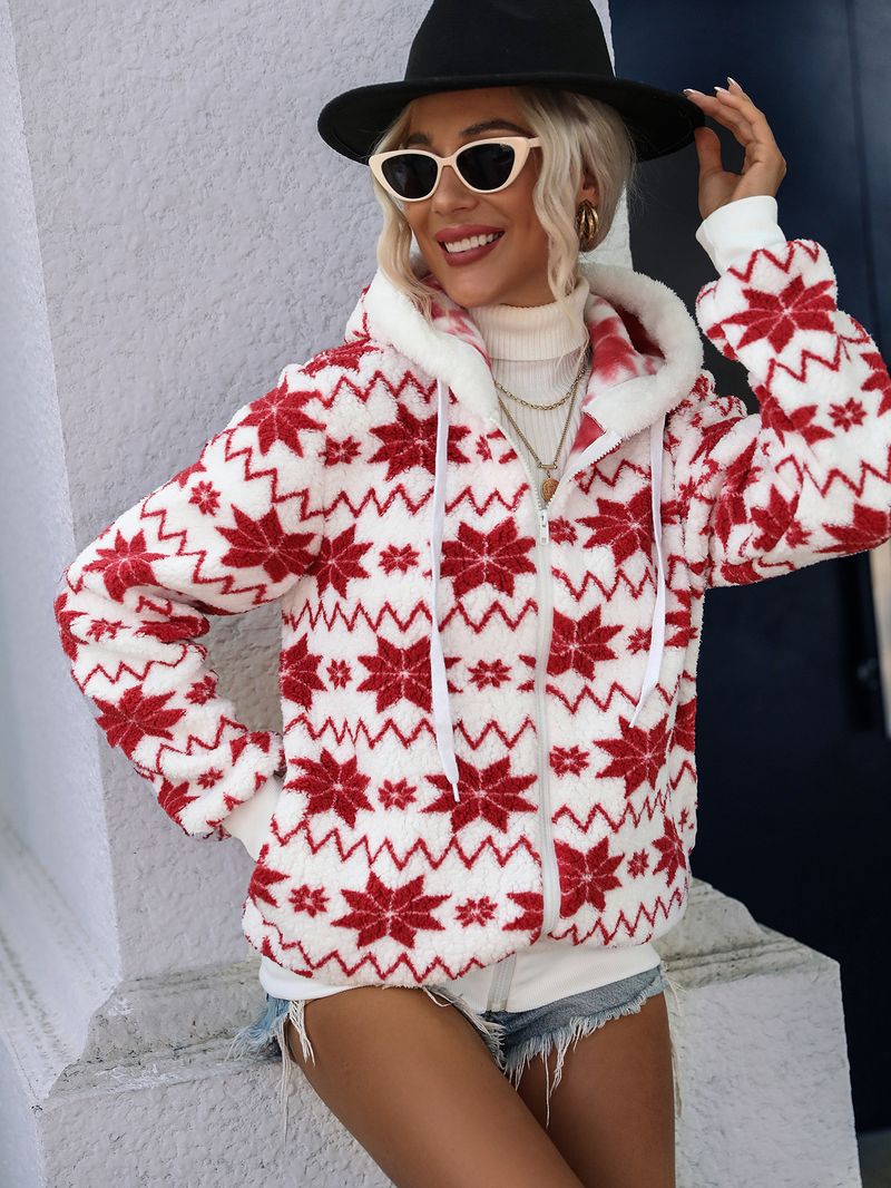 Giacca da donna in stile natalizio stampato con cardigan con zip allentato e cappuccio_voghion.com