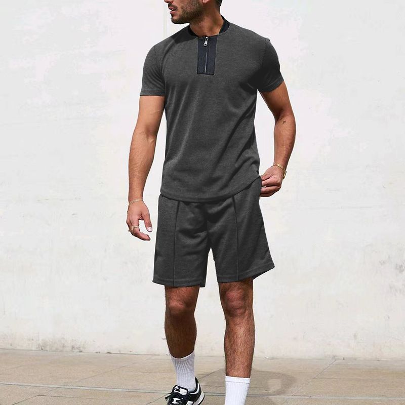 2024 Sportswear Herren Sommer Waffel V-Ausschnitt Reißverschluss vorne Casual Set_voghion.com