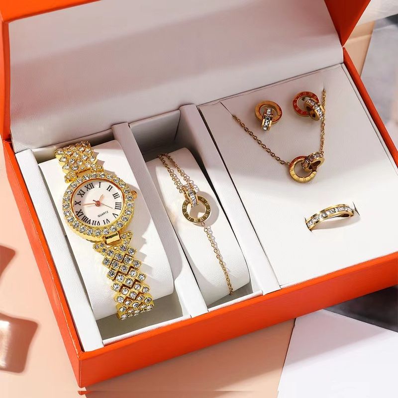 Women's Five-piece Watch + Bracelet + Ring + Earrings + Necklace Fashion Gift Box Quartz Wrist Watch_voghion.com