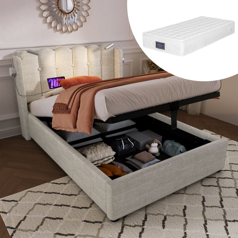 Polsterbett with Reading Light and Charging Function, Headboard Storage, Linen Material Twin Bed Frame 90x200 cm with Slatted Base and Mattress, Natural_voghion.com