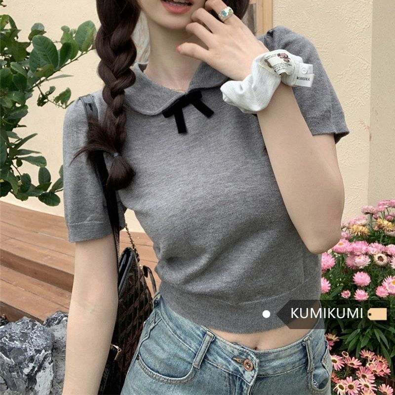 Puppenkragen im College-Stil, altersreduzierende Schleife, schulterlanges Strickhemd mit Ärmeln, sommerliches Designgefühl für Damen, Nische_voghion.com