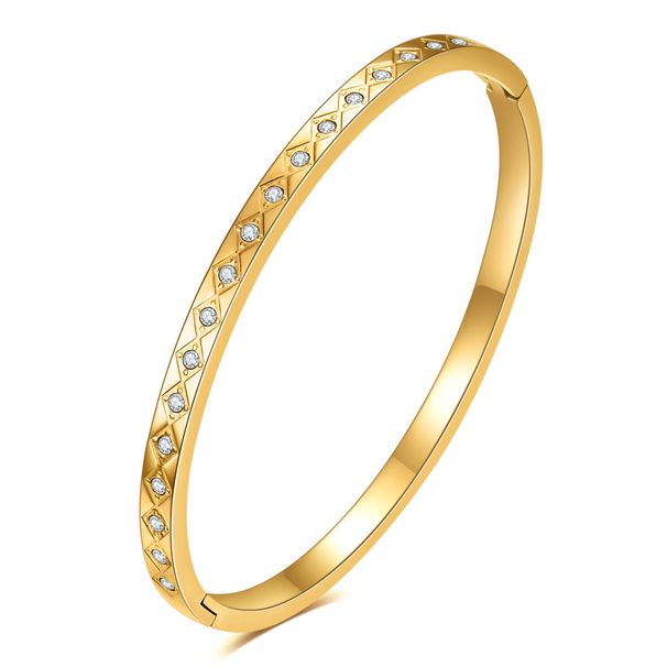 Bracciale ovale in acciaio inossidabile da 4 mm di larghezza con motivo a rombo inciso e pietre di zircone per donna_voghion.com