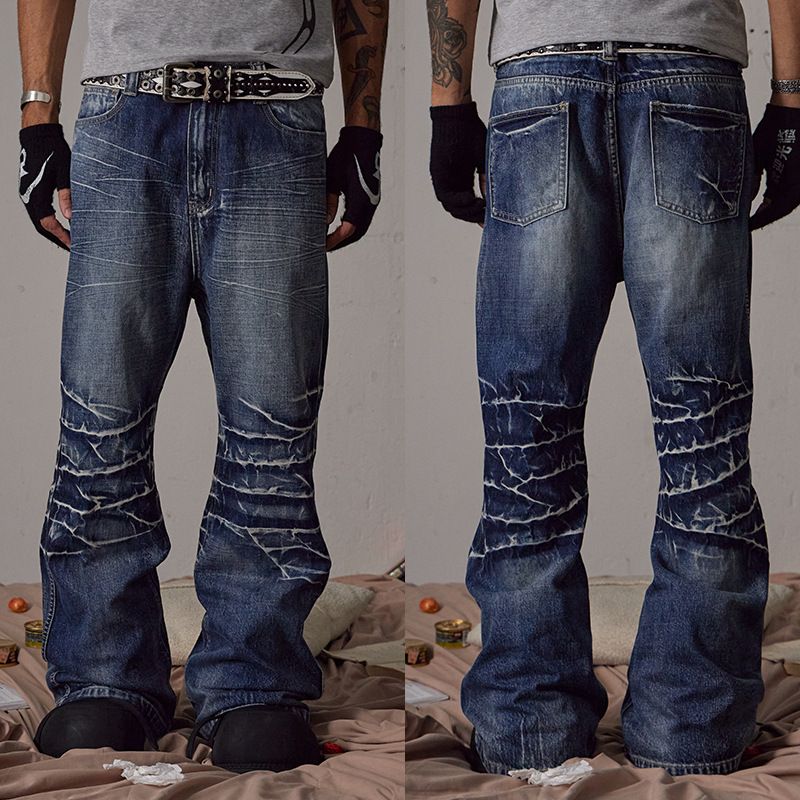 Industrial Washed Blue Distressed Straight Flared Jeans | Asian Cleanfit Style | Water Ripple Texture | Men's Relaxed Fit_voghion.com