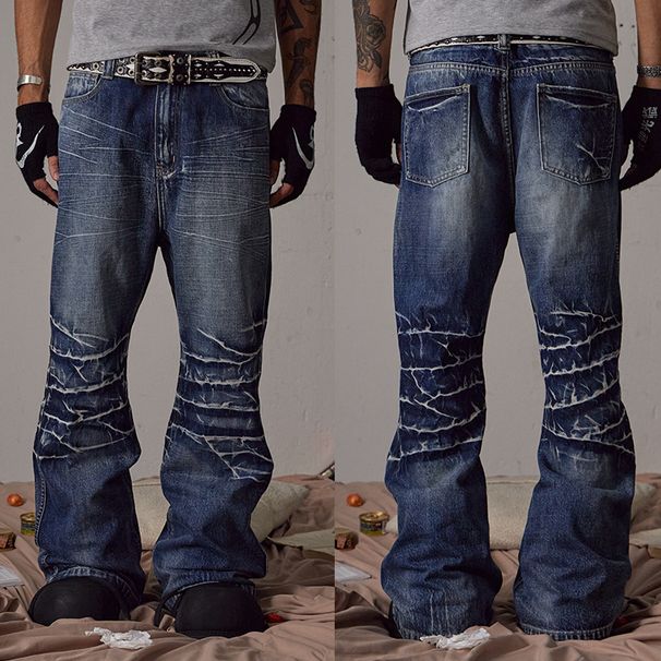 Industrial Washed Blue Distressed Straight Flared Jeans | Asian Cleanfit Style | Water Ripple Texture | Men's Relaxed Fit_voghion.com