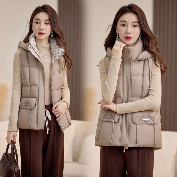 Wendbare Pufferweste mit Kapuze – Gesteppte Winterkleidung für Damen (Beige/Schwarz/Braun/Khaki)_voghion.com