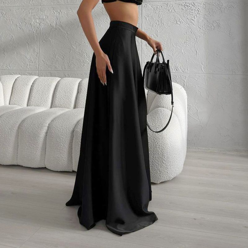 Sexy Temperament Black Fashion Acetate Satin Satin High Waist Loose Floor Length Skirt Casual Skirt_voghion.com