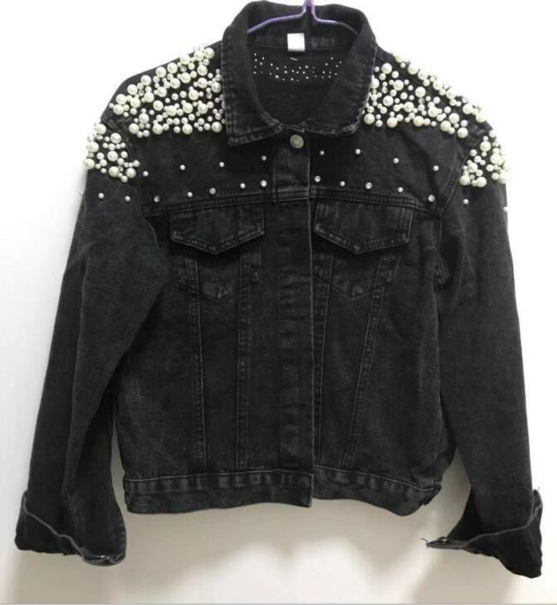 Bestickte Jeansjacke für Damen mit Perlen und Perlenstickerei – Übergroßer Freizeitmantel, bequem und stylisch, S-5XL (Schwarz/Blau)_voghion.com