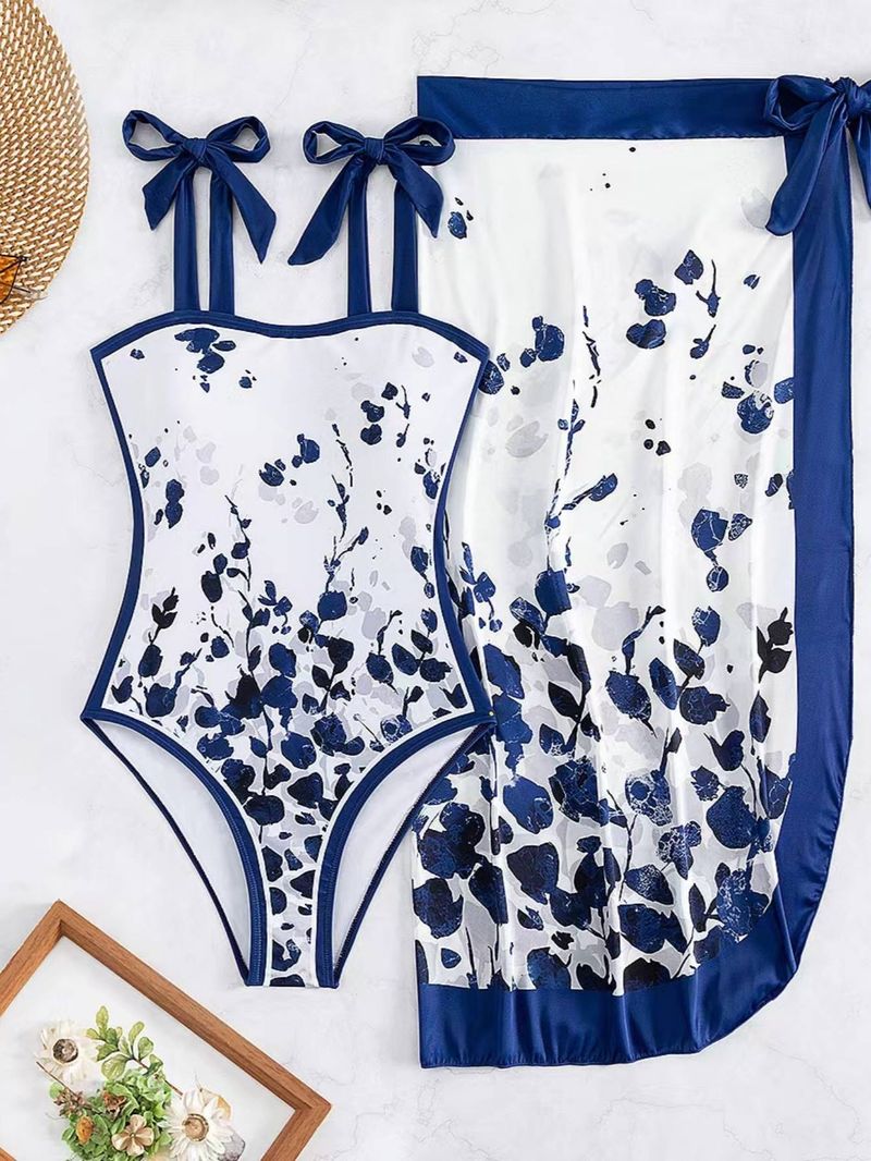 Costum de baie dintr-o singură piesă, cu fustă din șifon cu imprimeu retro francez, costum de baie din două piese pentru femei_voghion.com