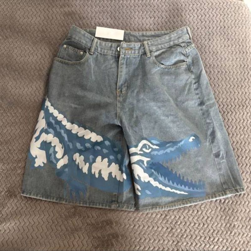Abbigliamento uomo 2025 estate nuovo americano retrò lavato alla moda stampato pantaloncini in denim larghi casual dritti gamba larga_voghion.com