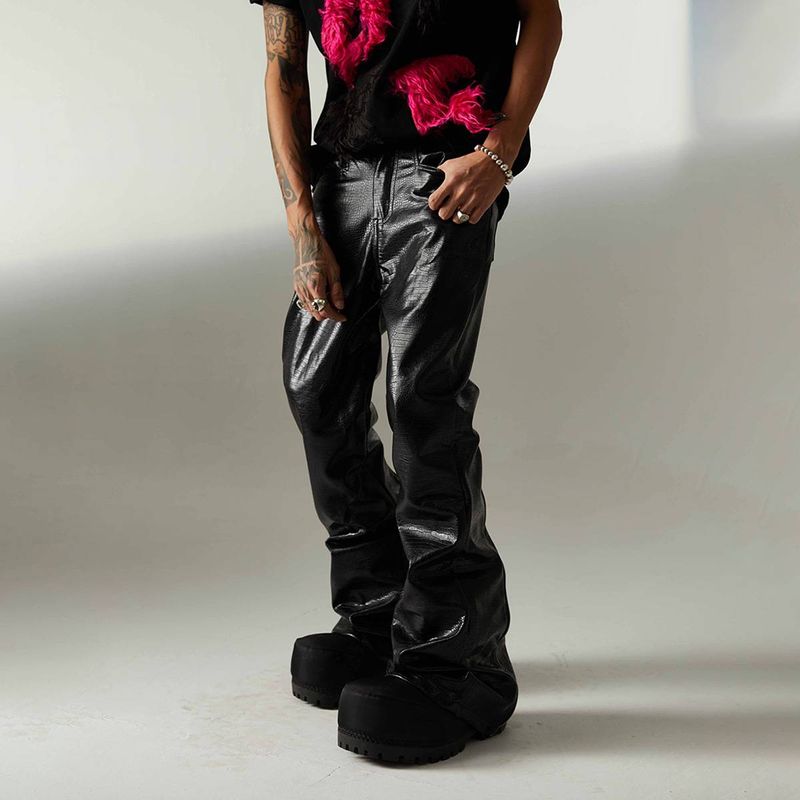 Men's Clothing Leather Pants Slightly Flared Niche High Street American Biker Flared Pants - Crocodile Embossed Wide Leg Trousers For Retro Style​_voghion.com