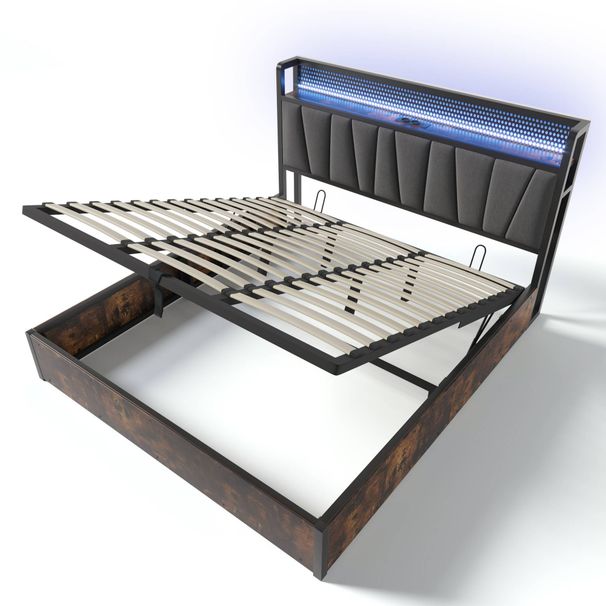 Cadre de lit en métal Polsterbett avec contrôle par application LED, chargement USB, éclairage de la tête de lit, lit double 180 x 200 cm (sans matelas)_voghion.com