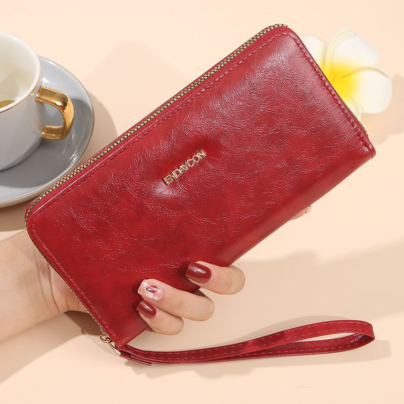 Portafoglio da donna lungo con cerniera, in pelle cerata e olio, grande capacità, alla moda, con pochette_voghion.com