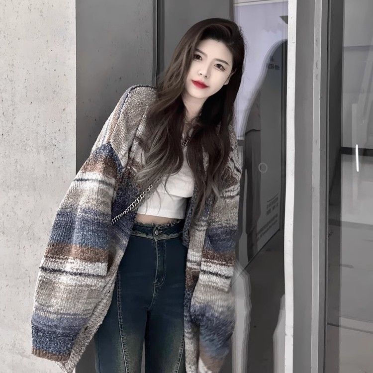 2025 Korean Style Color-Block Striped Cardigan Sweater Coat For Women, New Autumn Design, Niche Loose Lazy Knitted Top_voghion.com