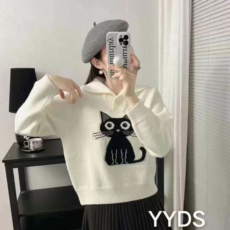 Giacca versatile in stile college con colletto a forma di gatto, per donna, dolce e carina, autunno e inverno 2024, parte superiore interna in maglia_voghion.com
