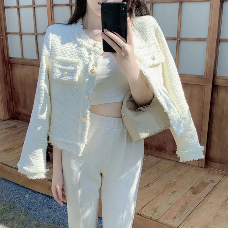 Lucyever Korean Fashion Plaid Tweed Jacket Women White Round Neck Cropped Tassel Coat Autumn Single Breasted Office Lady_voghion.com