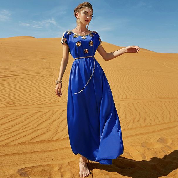 Safírově modré nástěnné saténové ručně šité skleněné diamantové dlouhé šaty s krátkým rukávem v dámském stylu v retro stylu_voghion.com