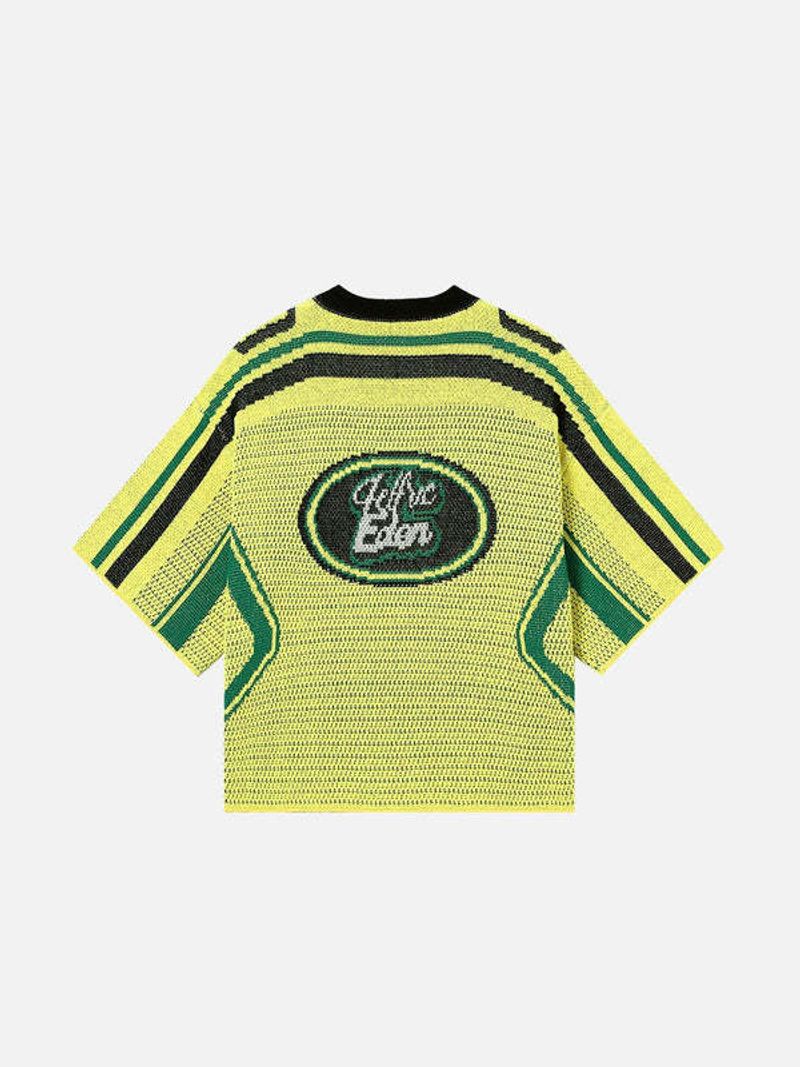 ​​"Retro Streetwear Knit Sweater - 1970s Americana No.77 Jacquard Design Short Sleeve Pullover (Green/Black/White, S-XL)"​​_voghion.com