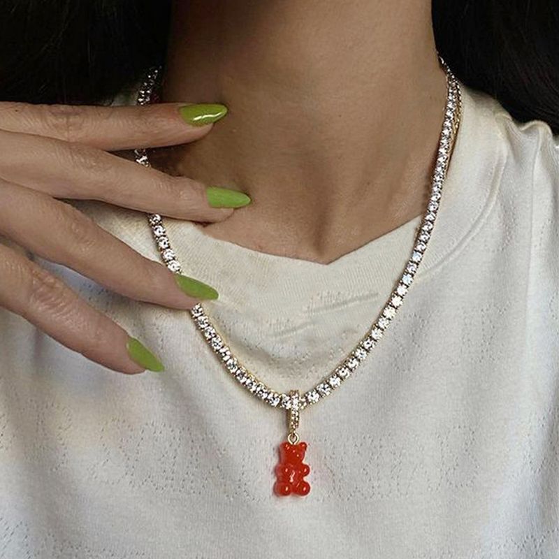  ins hot sale colorful plastic injection bear pendant necklace fresh all-match diamond necklace choker_voghion.com
