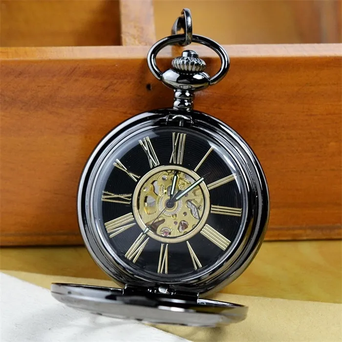 Vintage hollow back transparent pocket watch clamshell student Men's and women's Mechanical movement Romanized men's manual mechanical pocket watch_voghion.com