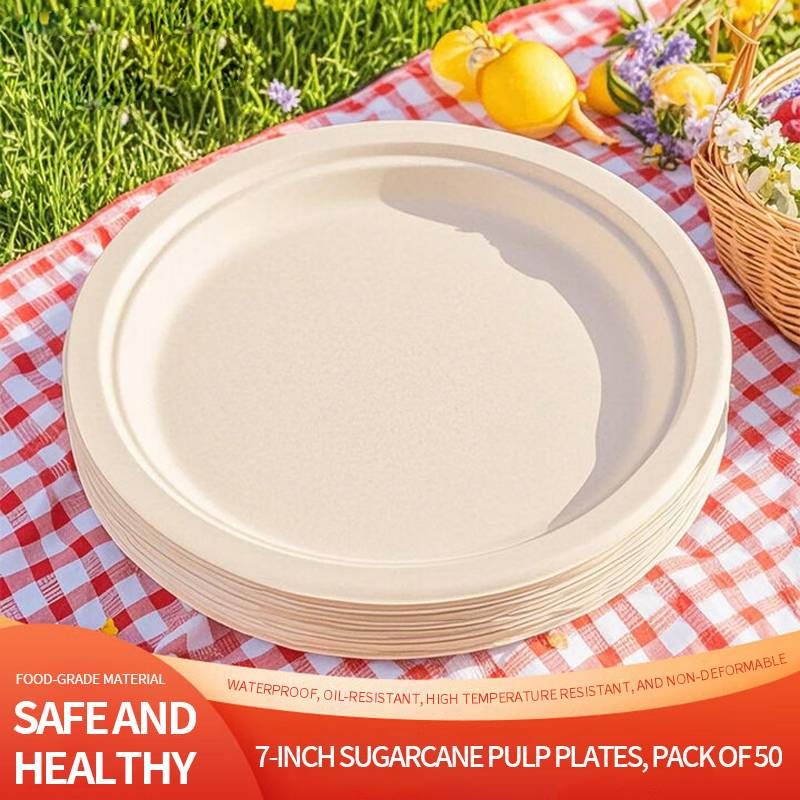 ​​50-Pack Sugarcane Fiber Disposable Plates - Eco-Friendly, Sturdy & Food-Safe For Home & Commercial Use​_voghion.com