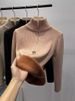 Women's Fleece-Lined Knit Sweater – Semi-Turtle Neck Thermal Base Layer (Beige/Brown/White/Pink/Blue/Black) For Autumn & Winter Layering_voghion.com