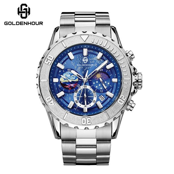 GoldenHour Sun And Moon Frost Gold Business Reproduction Watch Wodoodporny Świecący Kalendarz Wielofunkcyjny Zegarek_voghion.com