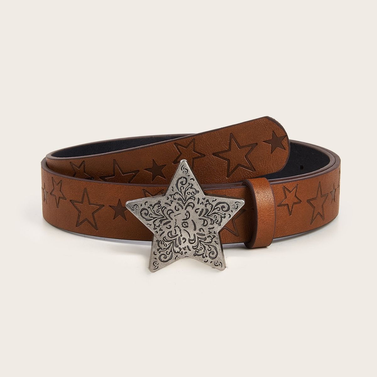 HOT Fashionable Women's Spicy Girl Everyday Versatile Brown Texture Button Belt Star Print Pattern Unisex_voghion.com