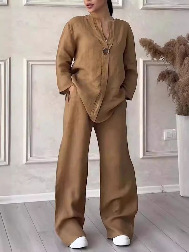 Women's Clothing Fashion Comfortable Loose Tops Wide Leg Pants Casual Cotton Linen Suit_voghion.com