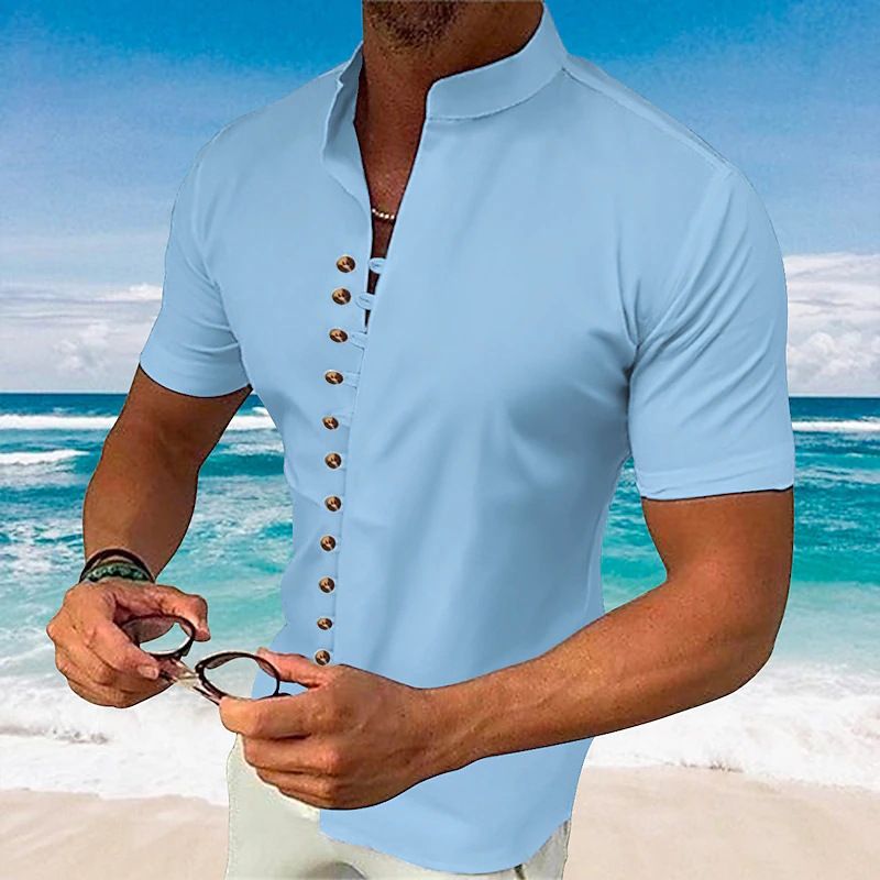 2025 New Men's Cotton And Linen Casual Loose Fitting Short Sleeved Henry Collar Shirt_voghion.com
