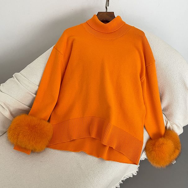 Abbigliamento da donna, maglione a collo alto spesso, nuovo e caldo, in maglia larga, con polsini staccabili in vera volpe, in autunno e inverno_voghion.com