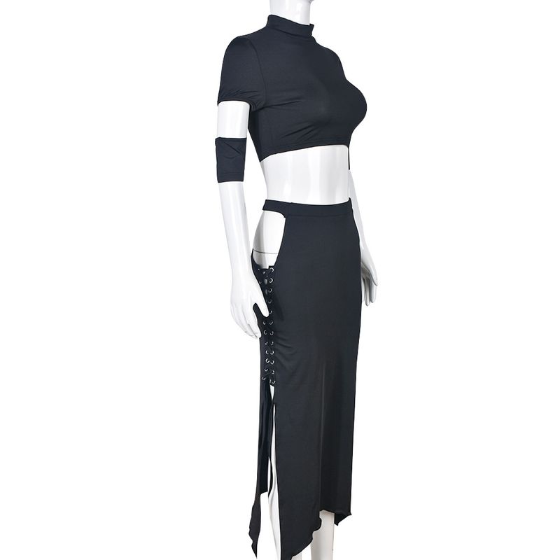 Sexy Zweiteiler aus ausgehöhltem Crop-Top und langem Rock – Streetwear-Mode für Damen | Milchseidenstoff | Trendige Clubwear (Schwarz, S/M/L)_voghion.com