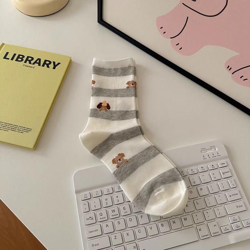 Stripe Puppy Dames Medium Zomer Dunne Cartoon Naadloze Leuke Kleurenclash College Katoenen Sokken_voghion.com