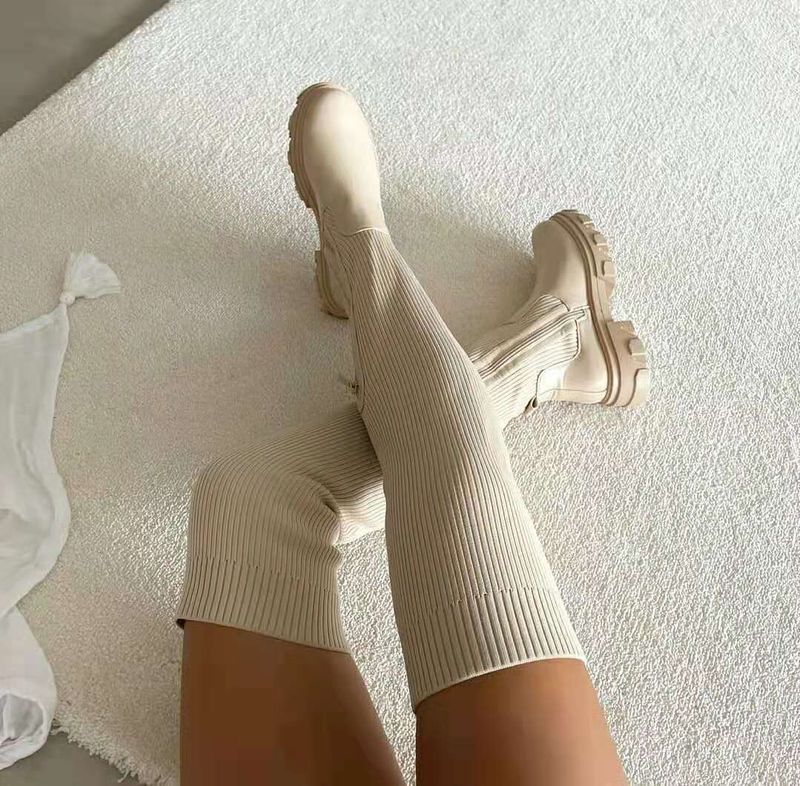 Women’s Shoes Thick Bottom Round Head Knitted Stitching Over-the-knee Women's Boots_voghion.com