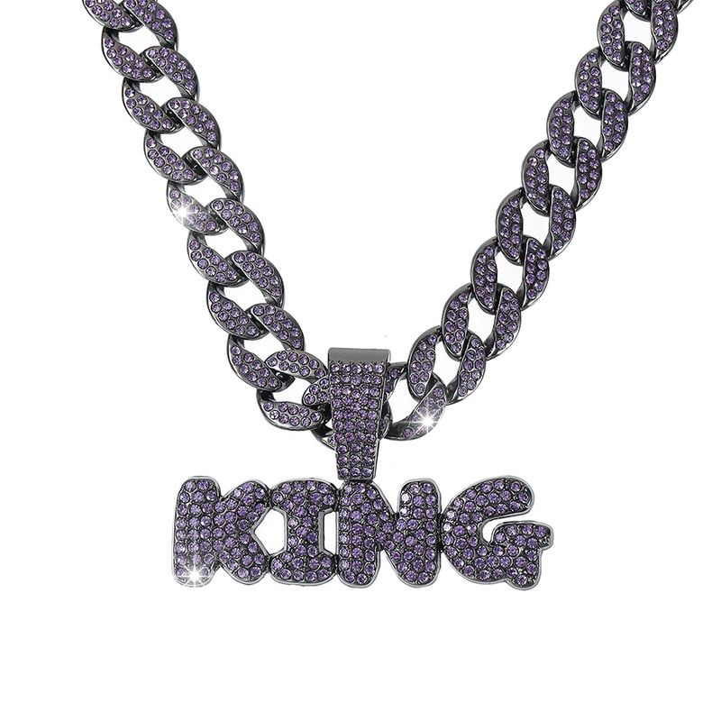 Hip Hop Exaggerated Purple Full Letter King Pendant Necklace For Men's Cool Cuban Diamond Embellishments_voghion.com