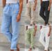 Pantaloni casual in cotone e lino tinta unita con elastico in vita e vita alta da donna_voghion.com