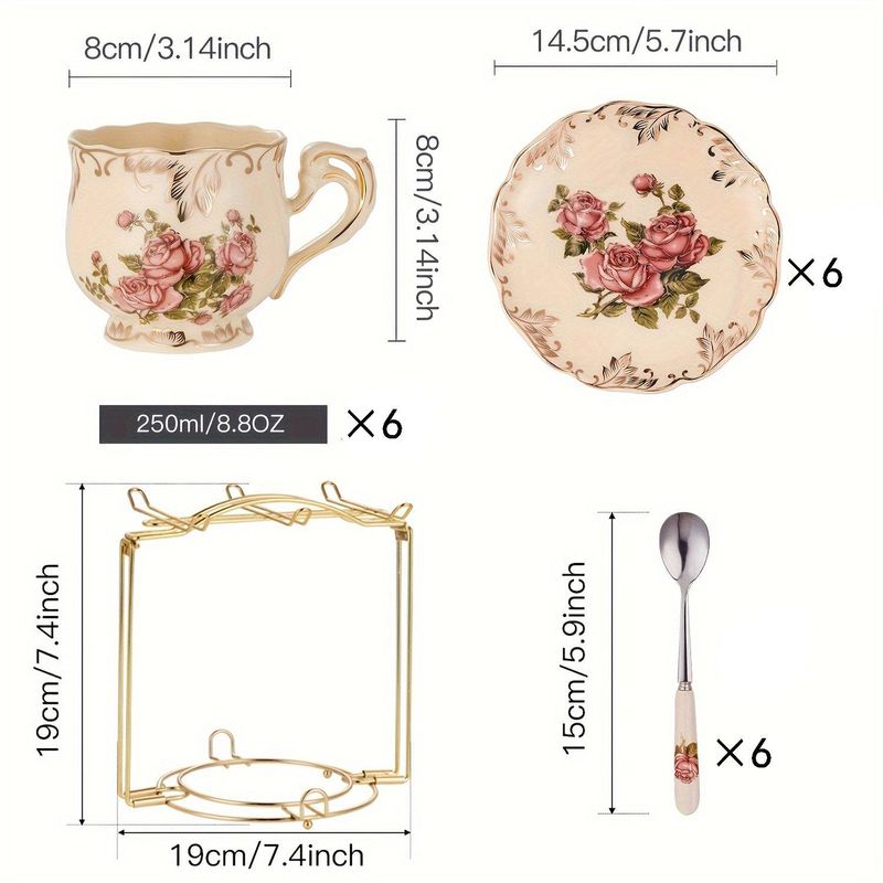 Çiçekli Çalılar Çay Fincanı ve Tabakları 2/6'lı Set, Çay Seti, Altın Raflı Fildişi Seramik Çiçekli Çay Fincanı Seti, Kahve Fincanı Seti, 8oz_voghion.com