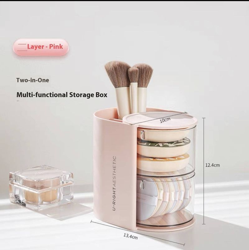 3-Tier Rotating Makeup Organizer – Dustproof Cosmetic Storage Box For Sponges, Lipsticks, Brushes (Pink/White/Cream)​_voghion.com