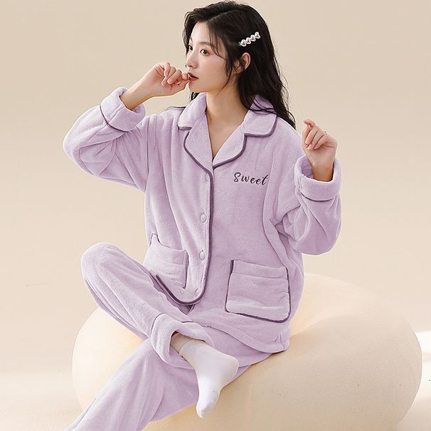 Dámské zimní pyžamo se zesíleným korálovým fleecovým materiálem 2024, nové flanelové teplé domácí oblečení na jaro a podzim_voghion.com