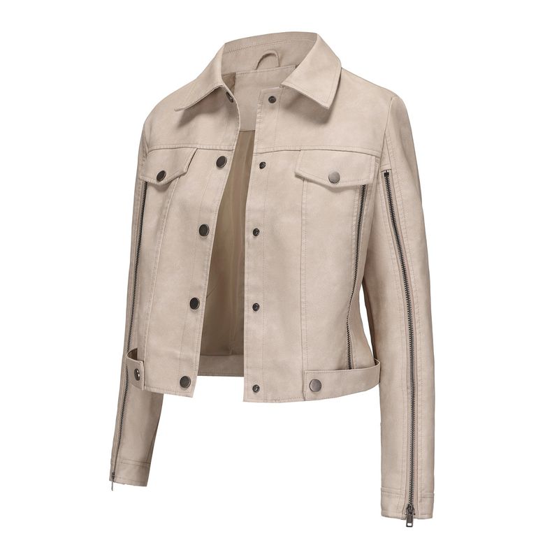 ​​Women's Faux Leather Biker Jacket With Multiple Zipper Details, Long Sleeve Open Front Stylish Coat For Spring & Autumn​​_voghion.com