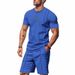 American Style Summer Men's Loose Fit INS Simple Waffle Round Neck Short Sleeve Shorts Two-Piece Set_voghion.com